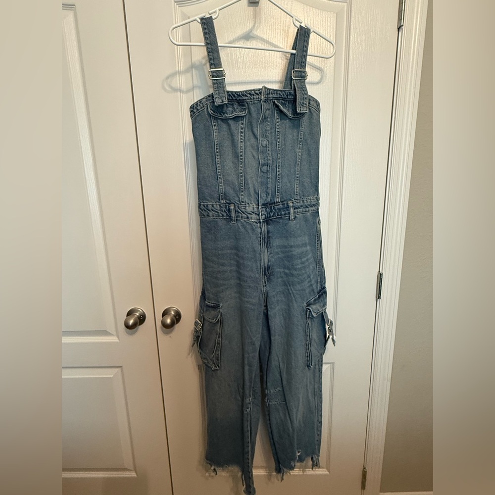 Zara Blue Denim Cargo Overalls - S